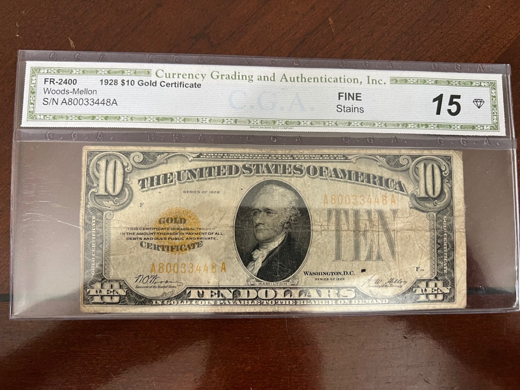 1928 $10 Gold Certificate Woods-Mellon CGA 15