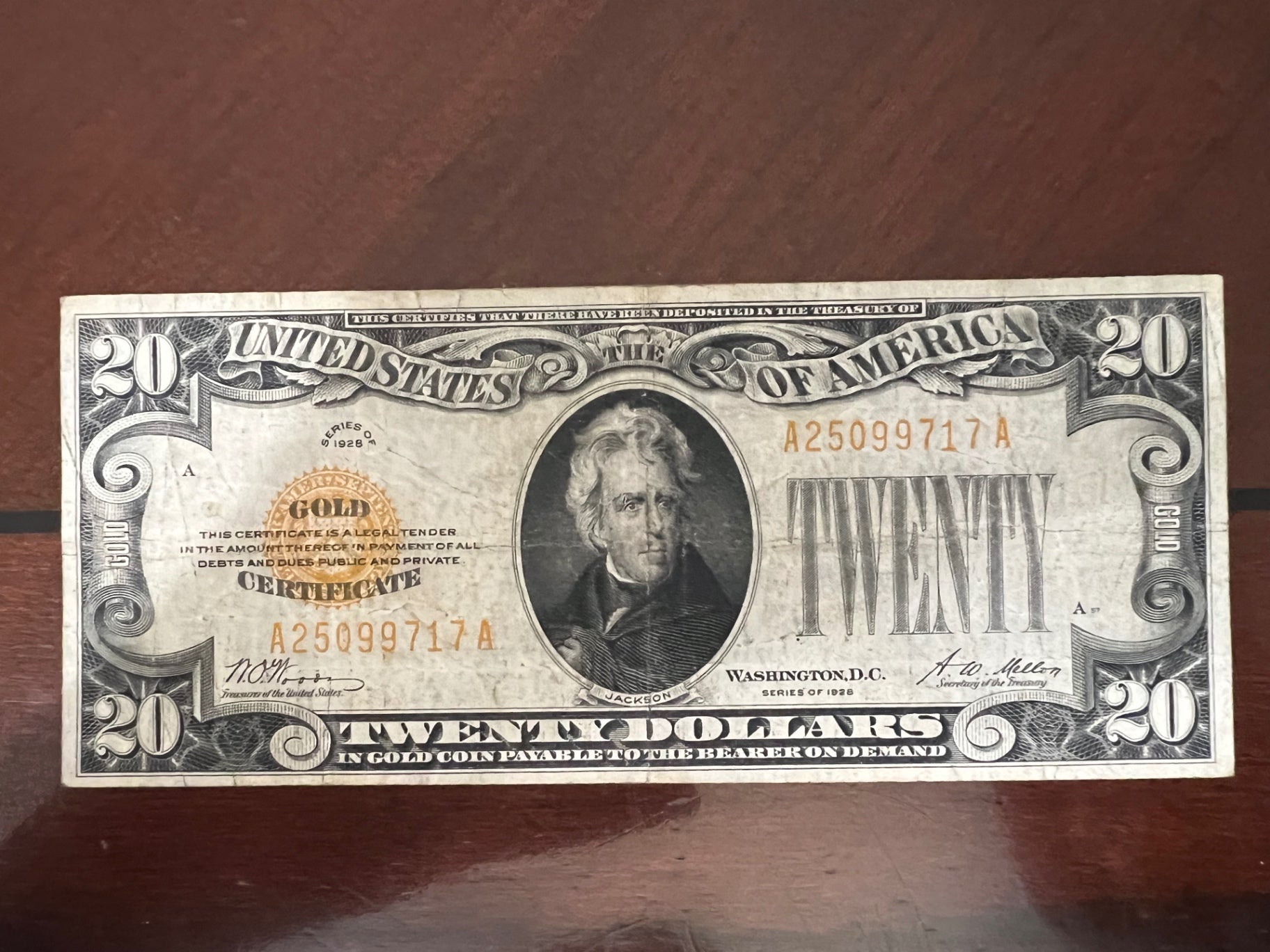 1928 $20 Gold Certificate Serial A25099717A