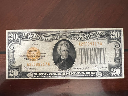 1928 $20 Gold Certificate Serial A25099717A