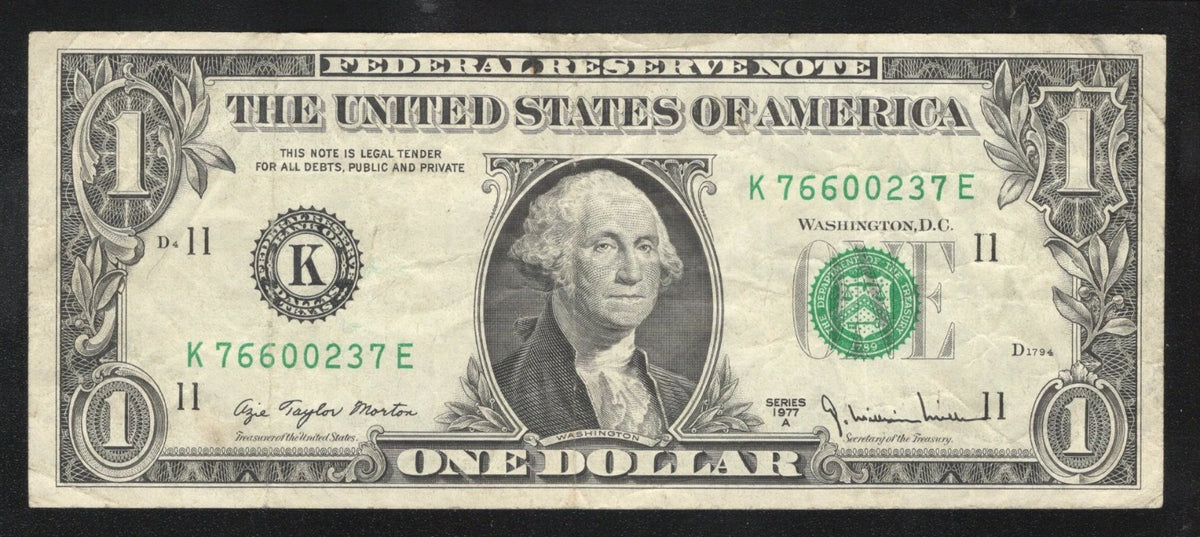 1977A $1 Federal Reserve Note Offset Transfer Error Dallas K BEP Currency