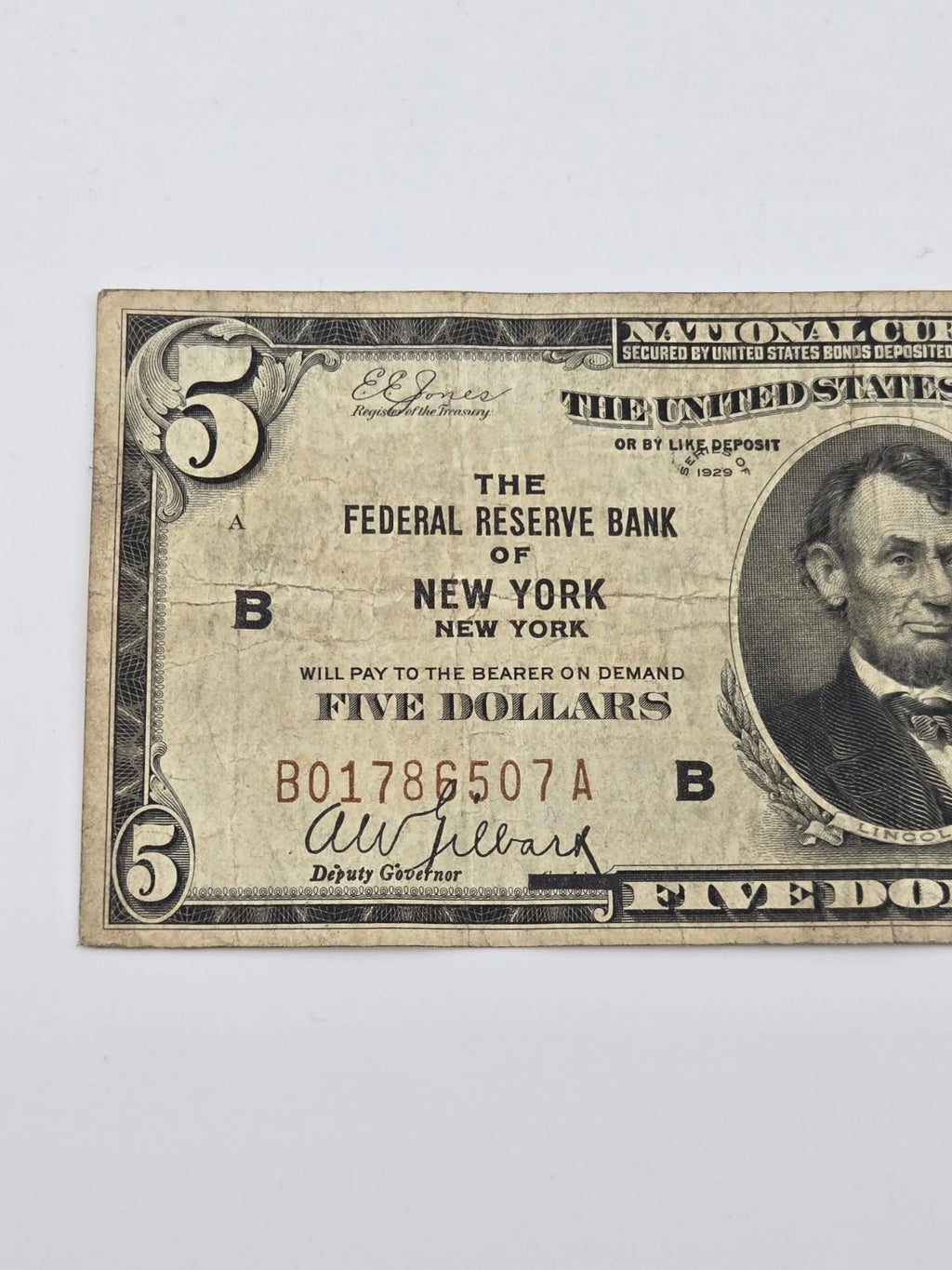 1929 $5 Federal Reserve Bank Note New York Fr. 1850-B Brown Seal Paper Money