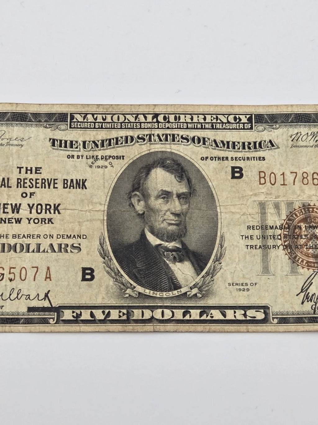 1929 $5 Federal Reserve Bank Note New York Fr. 1850-B Brown Seal Paper Money