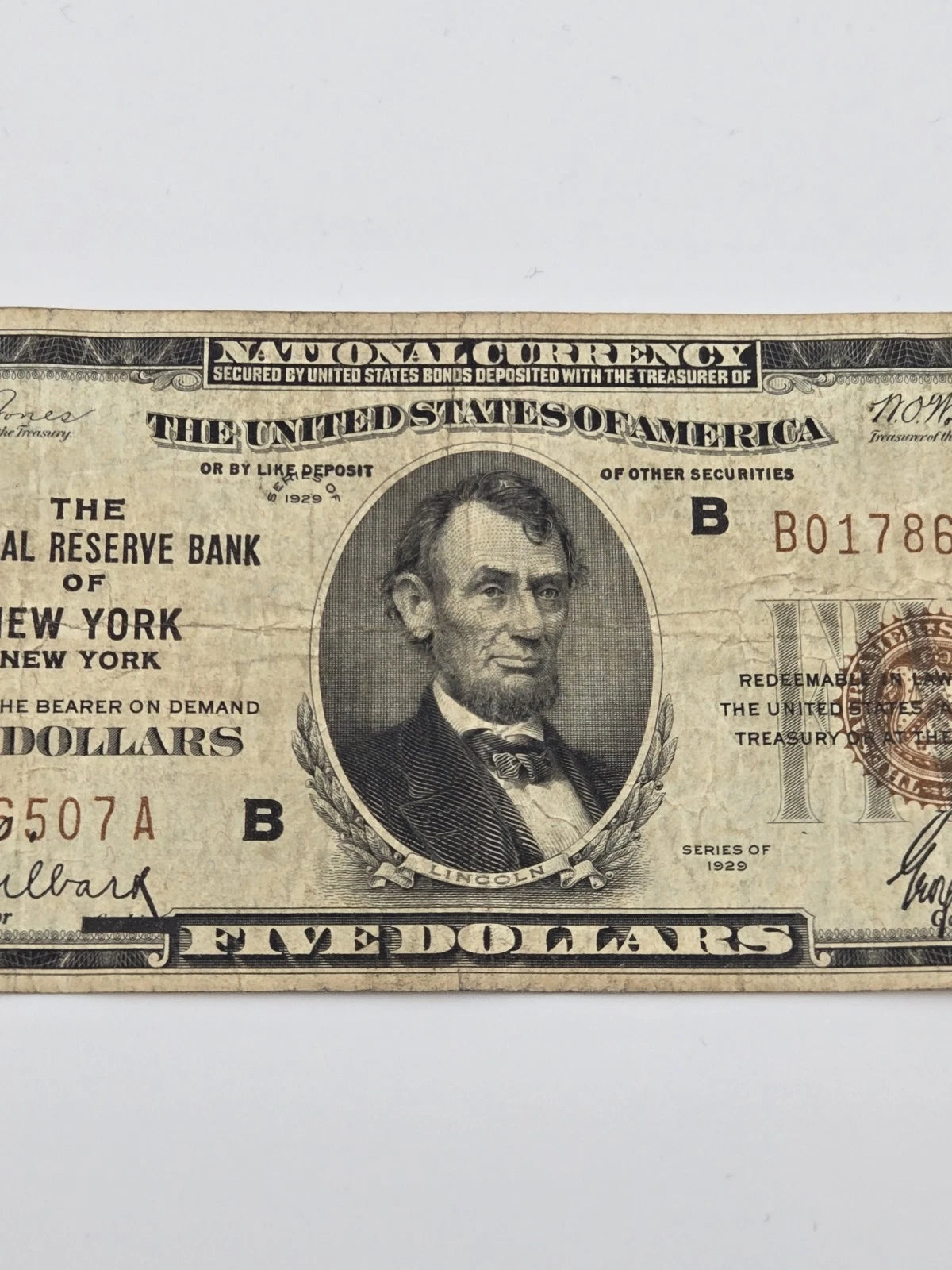 1929 $5 Federal Reserve Bank Note New York Fr. 1850-B Brown Seal Paper Money