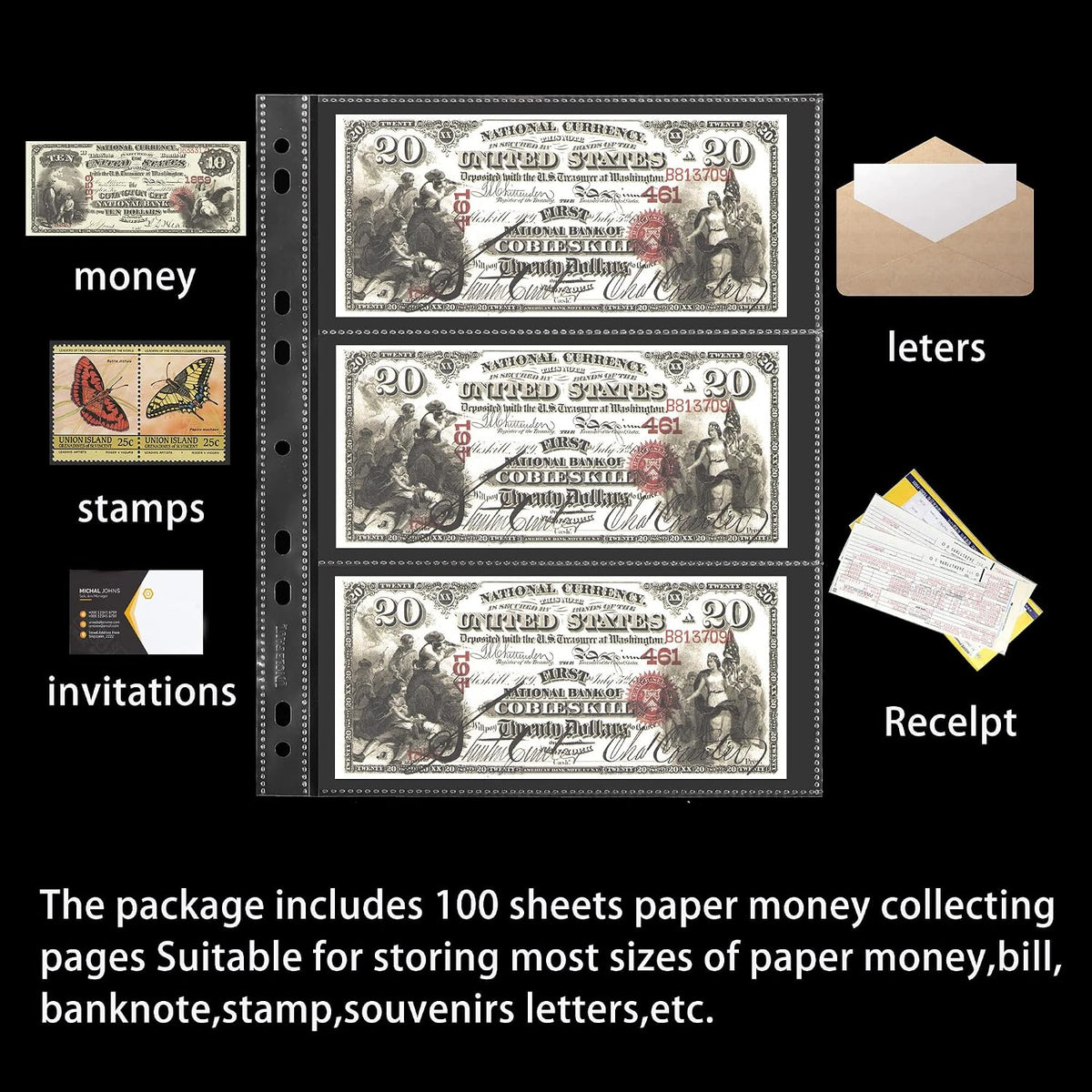 100 Pack 3-Pocket Currency Pages Paper Money Stamp Album Sheets