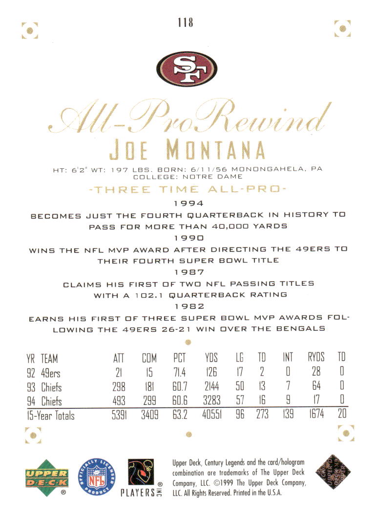 1999 Upper Deck Century Legends #118 Joe Montana