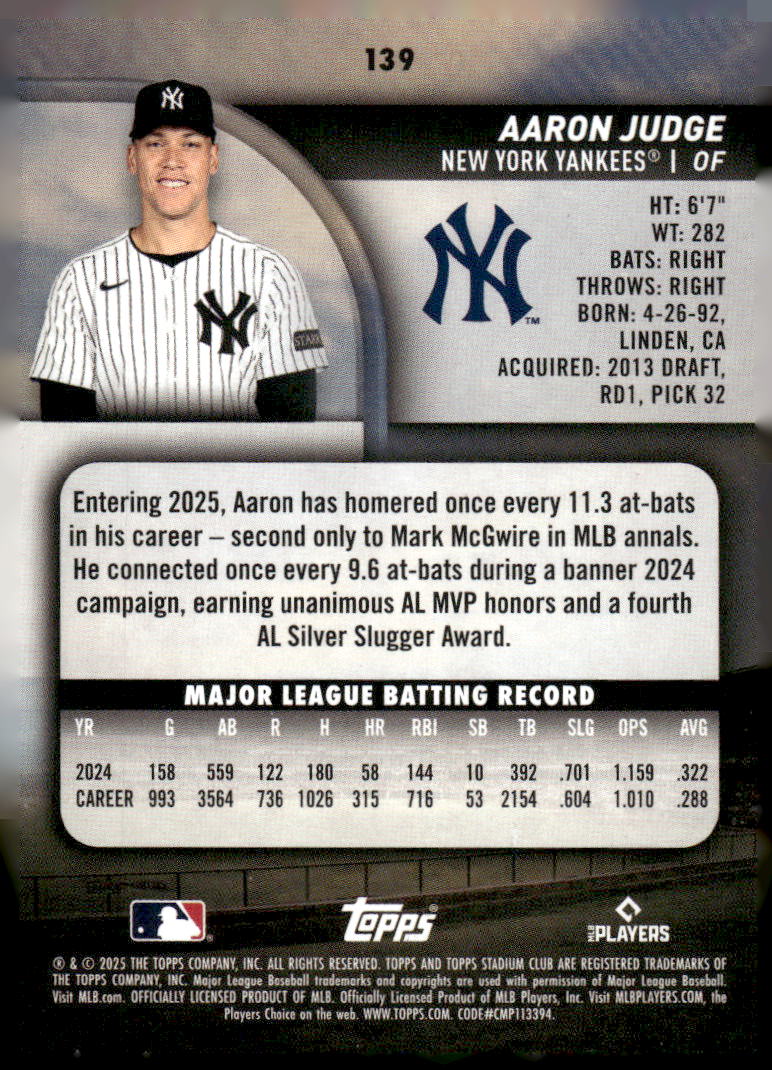 2025 Stadium Club #139 Aaron Judge