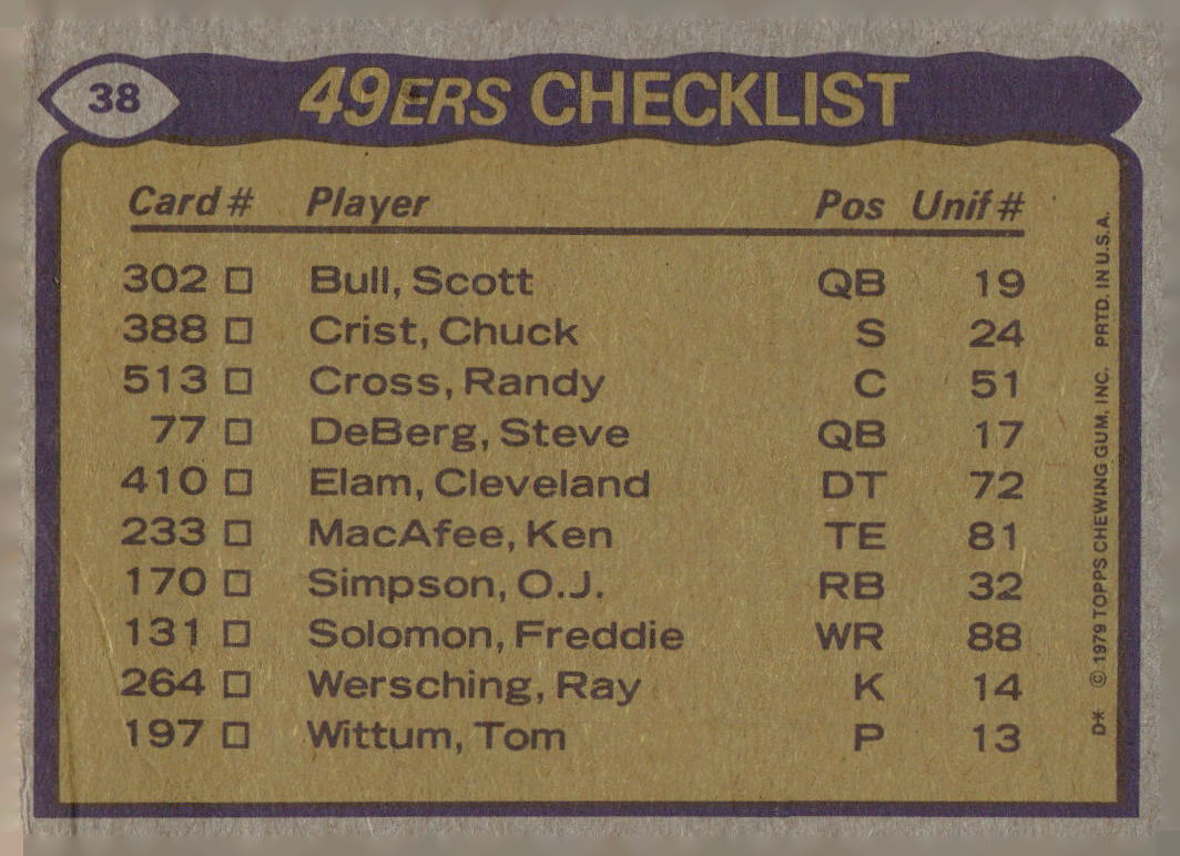 1979 Topps #38 49ers Team Leaders Checklist O.J. Simpson