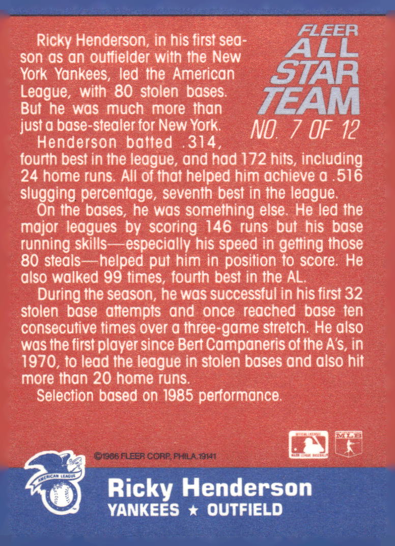 1986 Fleer #7 Rickey Henderson Fleer All-Star Team
