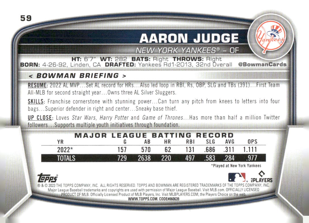 2023 Bowman #59 Aaron Judge