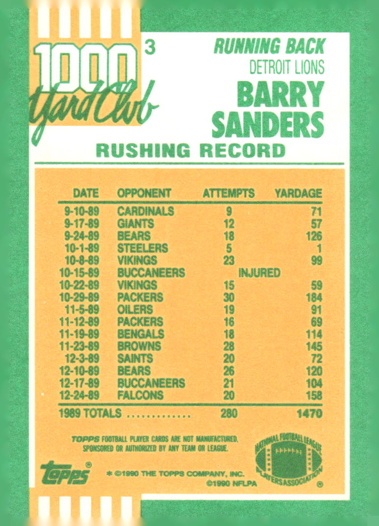 1990 Topps #3 Barry Sanders 1000 Yard Club