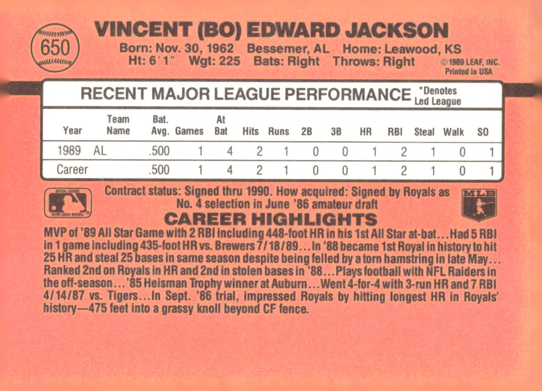 1990 Donruss #650b Bo Jackson