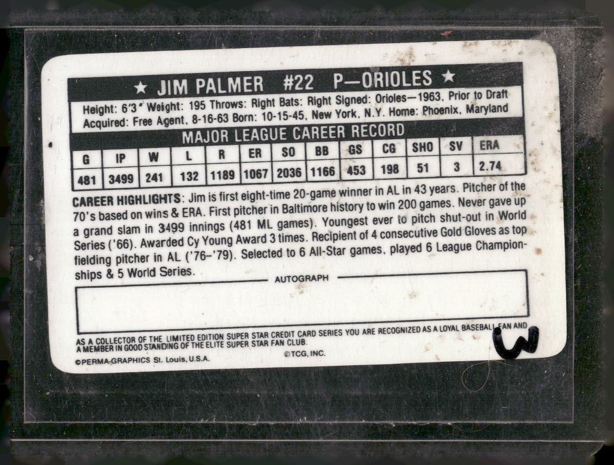 1981 Perma-Graphics Superstar Credit Cards (125- prefix) #125-028 Jim Palmer