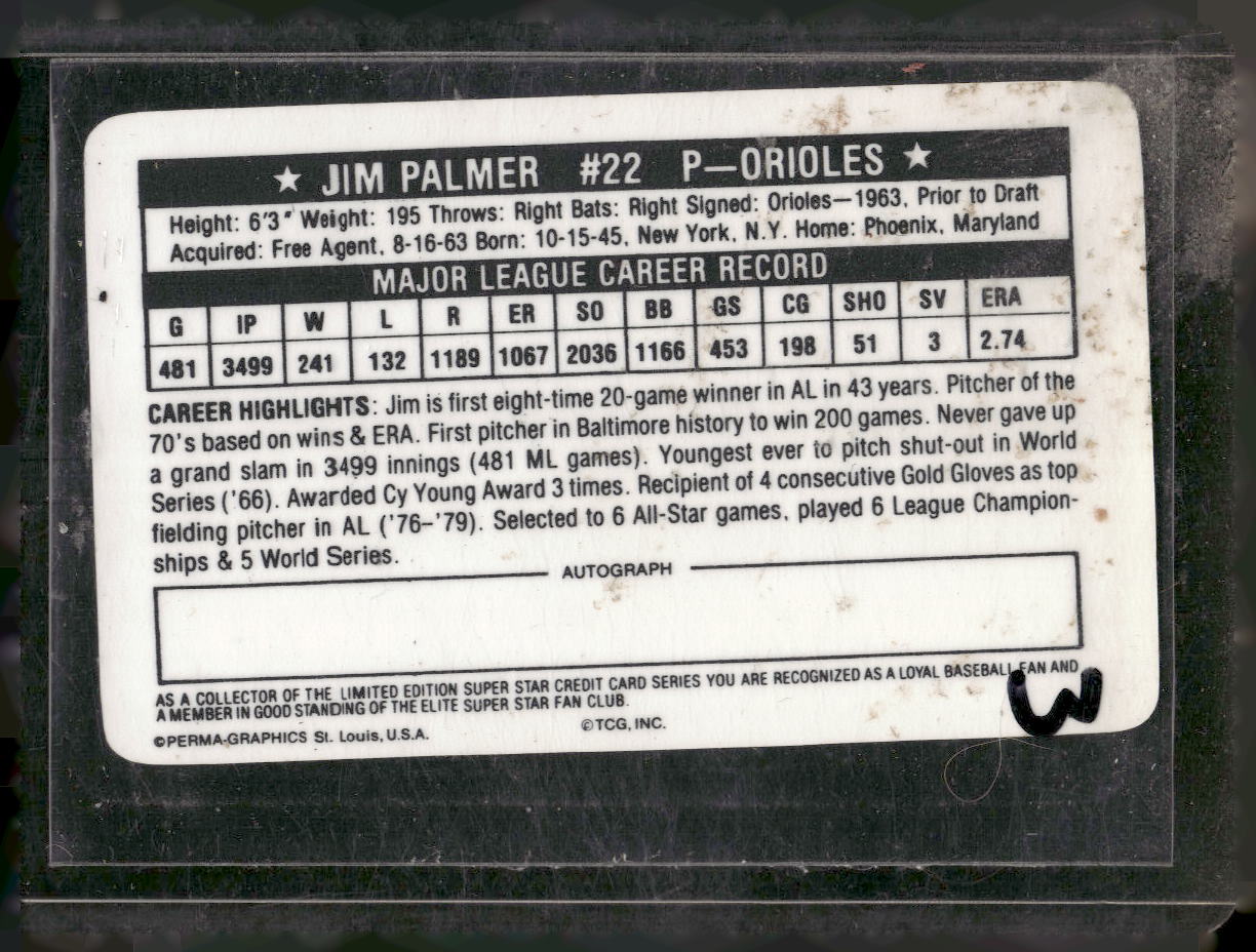 1981 Perma-Graphics Superstar Credit Cards (125- prefix) #125-028 Jim Palmer