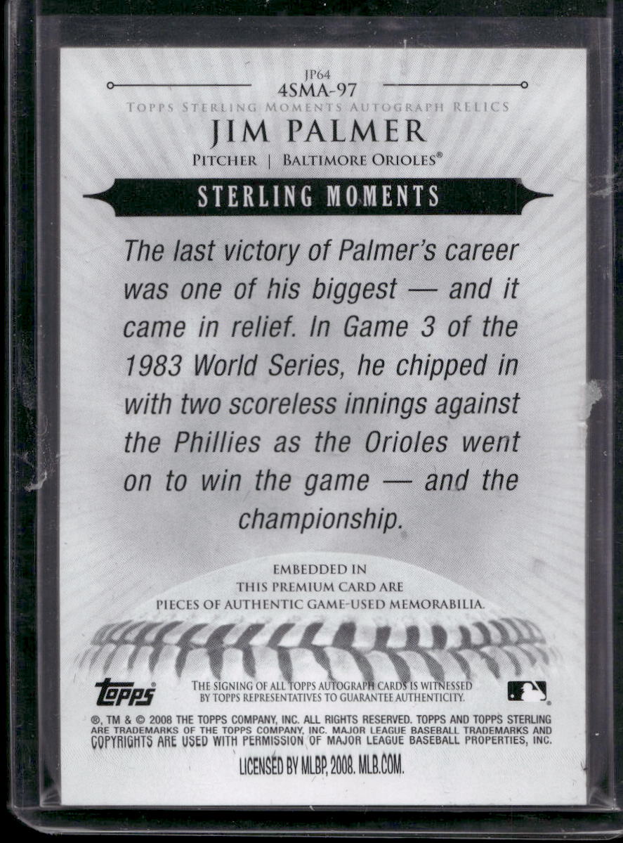 2008 Topps Sterling #4SMA-97 Jim Palmer Moments Relics Autographs Quad #/10
