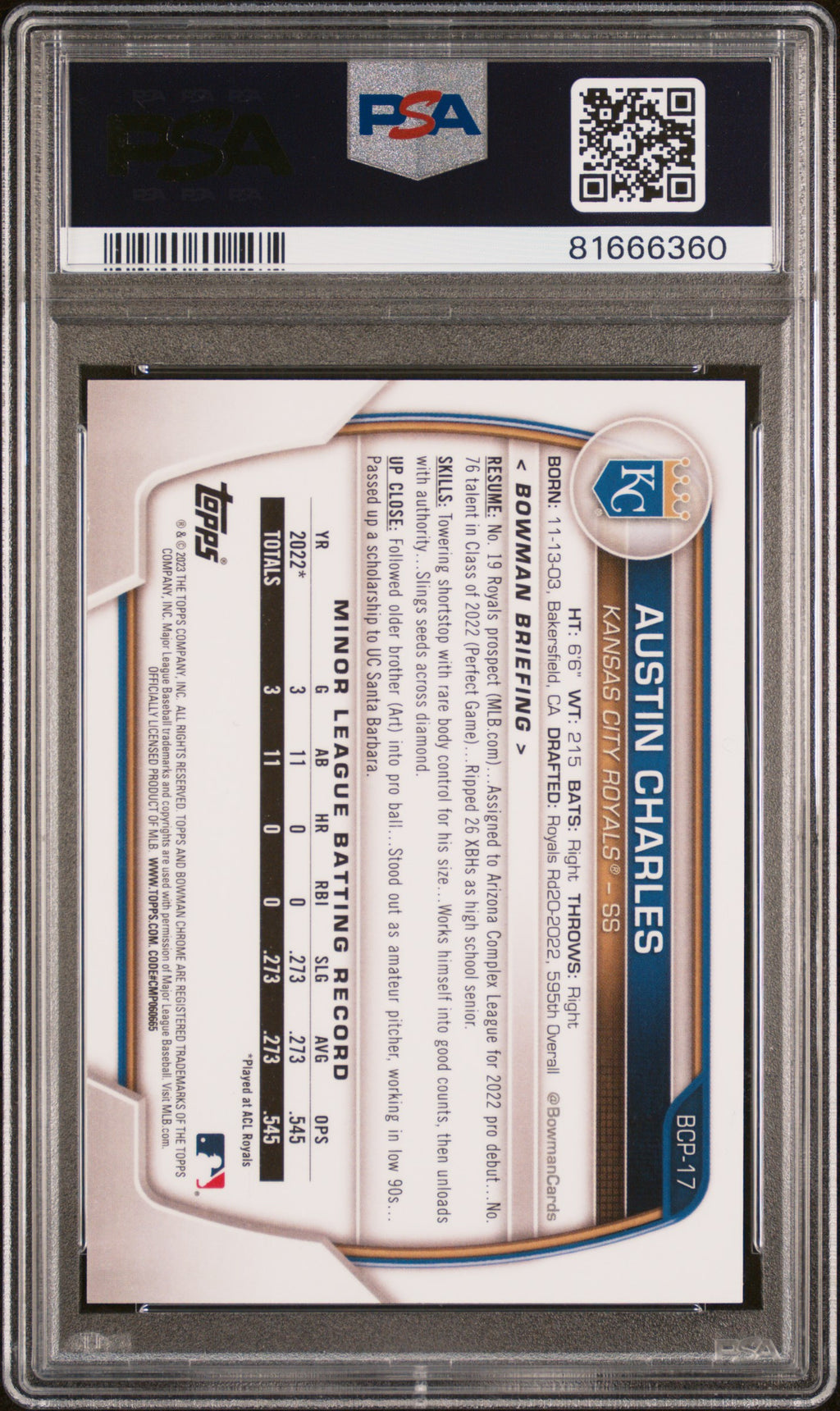 2023 Bowman Chrome Austin Charles 1st Speckle Refractor /299 BCP-17 PSA 10