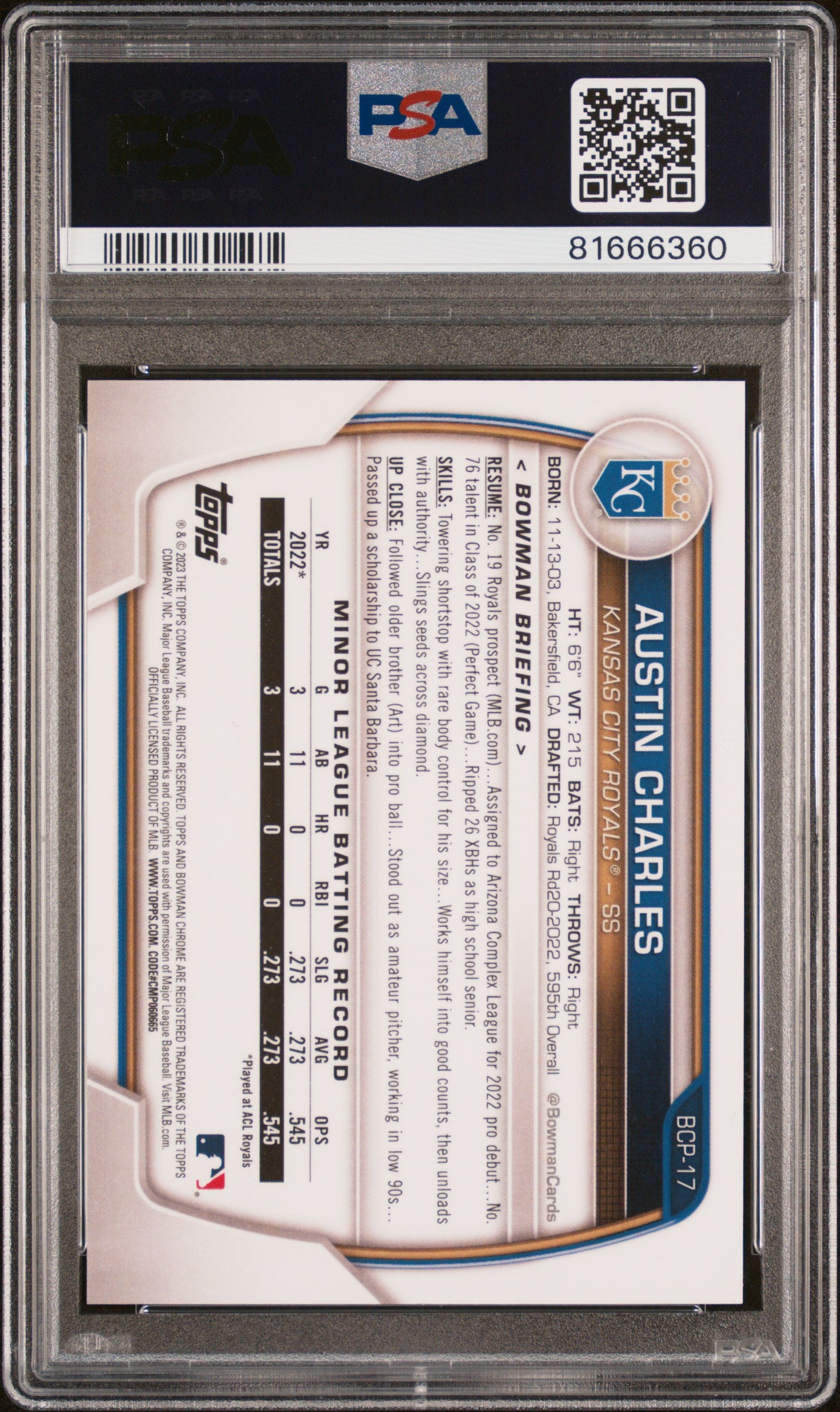 2023 Bowman Chrome Austin Charles 1st Speckle Refractor /299 BCP-17 PSA 10