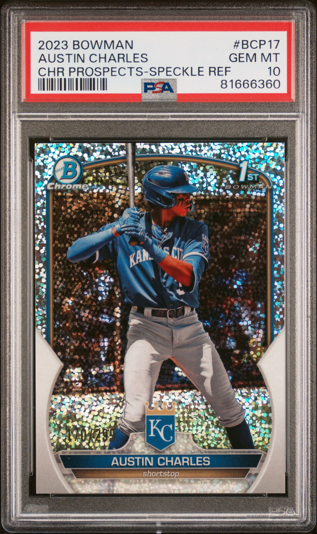 2023 Bowman Chrome Austin Charles 1st Speckle Refractor /299 BCP-17 PSA 10