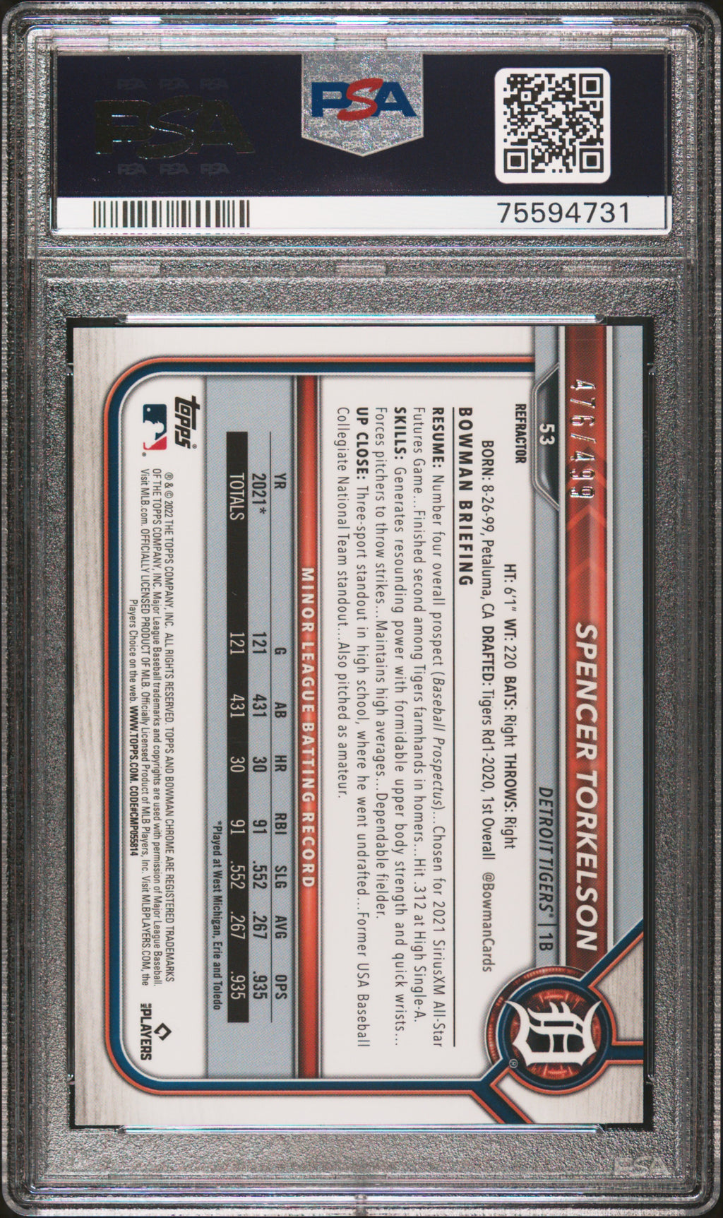 2022 Bowman Chrome #53 Spencer Torkelson Refractor PSA 9 #/499