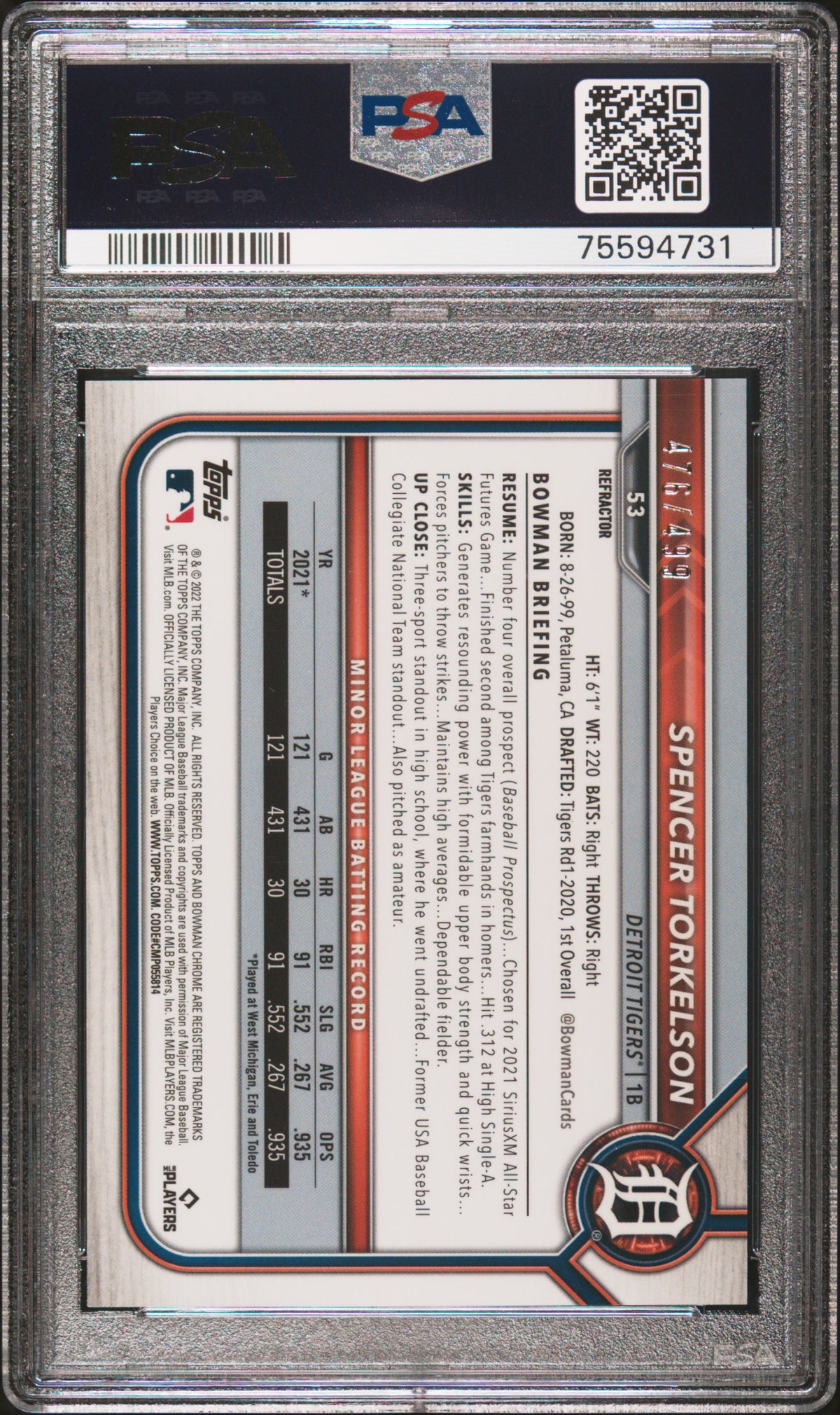 2022 Bowman Chrome #53 Spencer Torkelson Refractor PSA 9 #/499