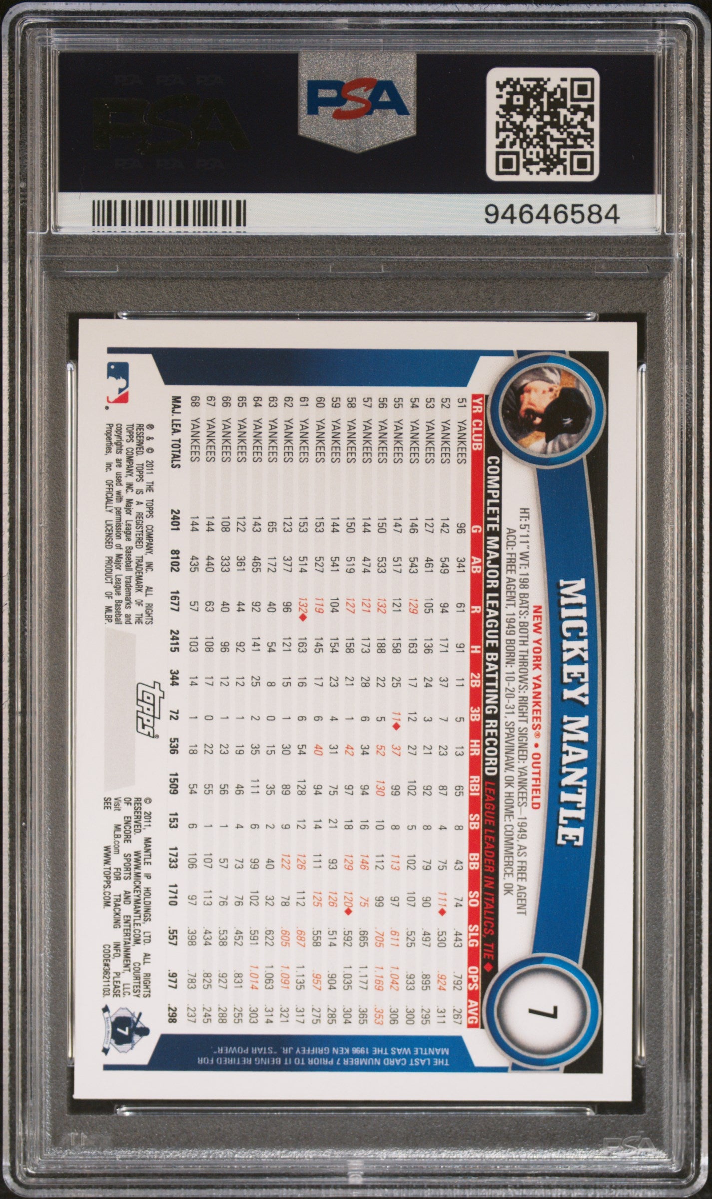 2011 Topps Chrome #7 Mickey Mantle PSA 9