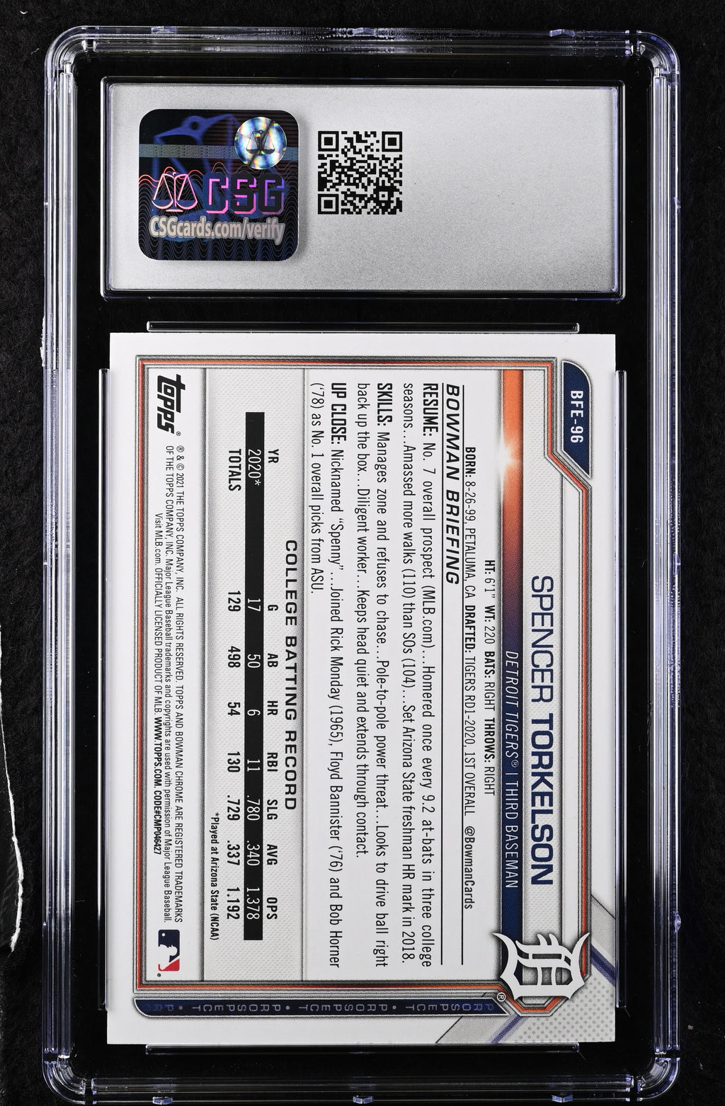 2021 Bowman 1st Edition #BFE-96 Spencer Torkelson Gold CGC 10 #/50