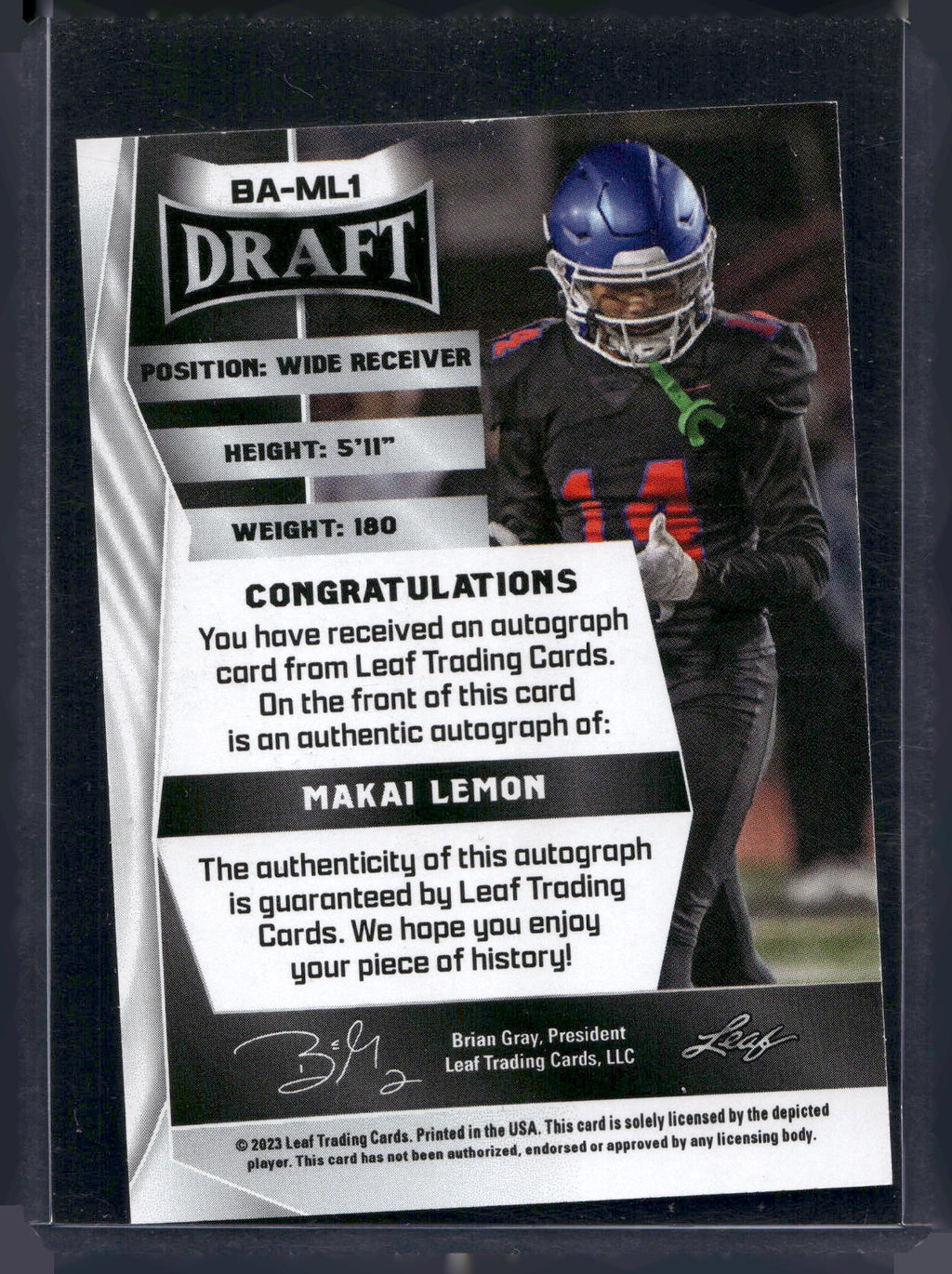2023 Leaf Draft #BA-ML1 Makai Lemon Autographs