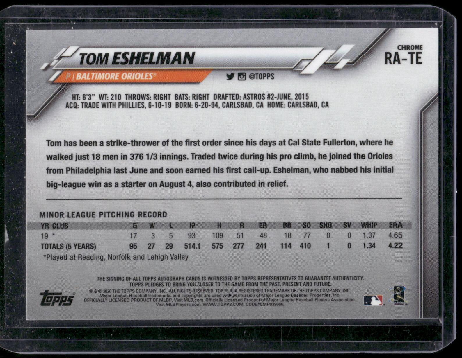2020 Topps Chrome #RA-TE Tom Eshelman Rookie Autographs