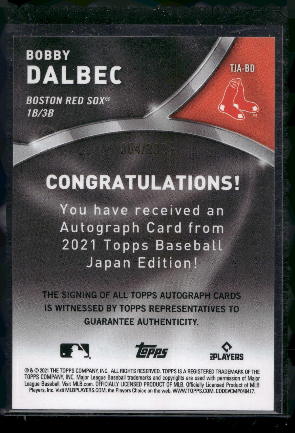 2021 Topps Japan Edition #TJA-BD Bobby Dalbec Autographs #/200