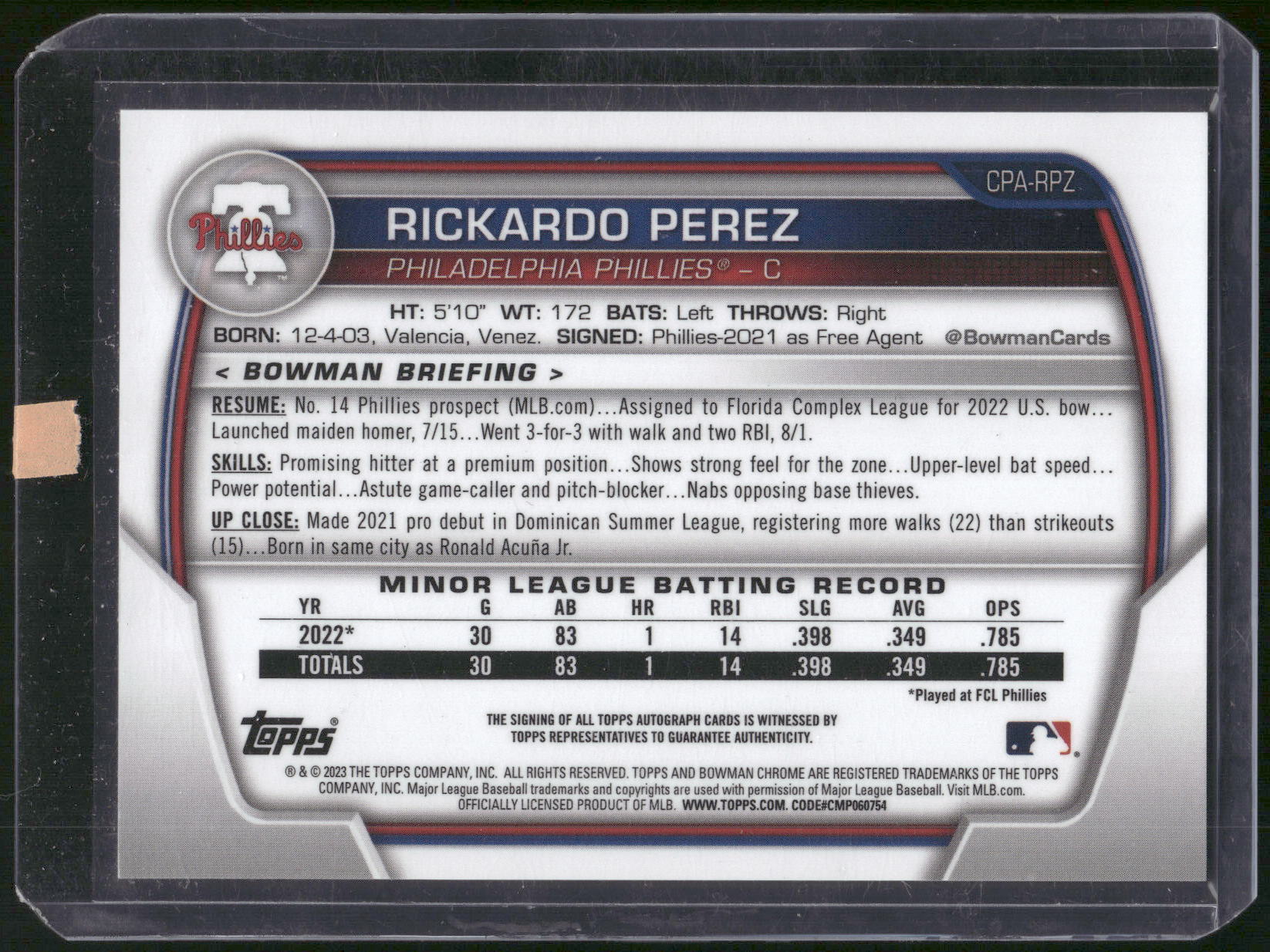 2023 Bowman Chrome #CPA-RPZ Rickardo Perez Prospect Autographs