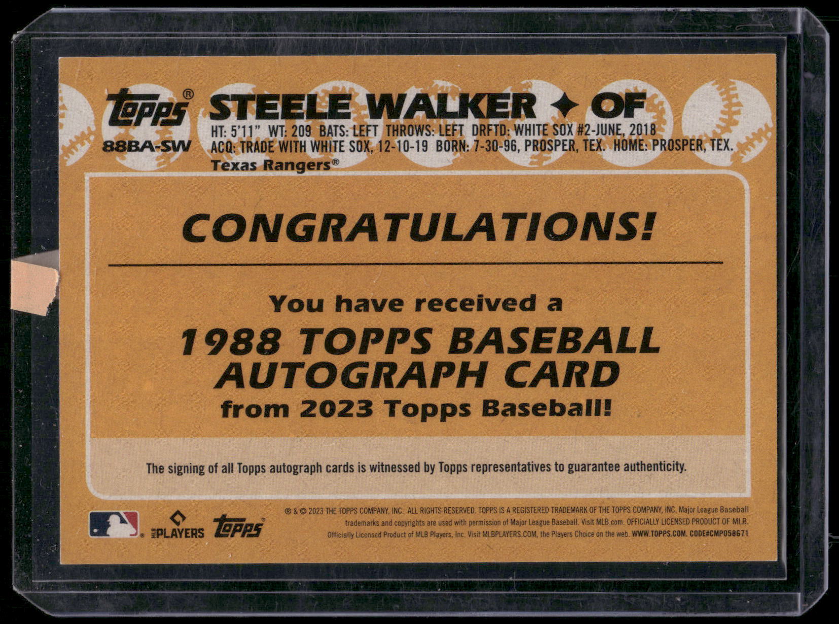 2023 Topps Steele Walker 1988 Anniversary On-Card Auto RC 88BA-SW Rangers