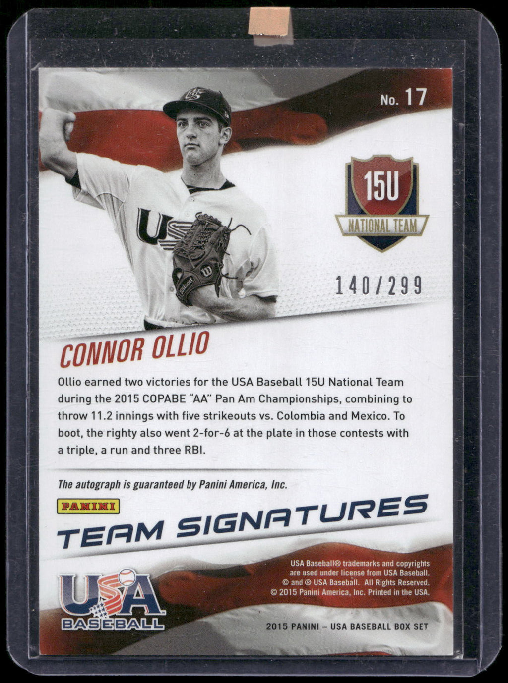 2015 Panini USA Baseball #17 Connor Ollio 15U National Team Signatures