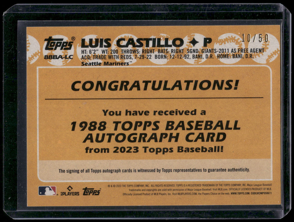 2023 Topps Luis Castillo 1988 35th Anniversary Gold Auto /50 88BA-LC Mariners