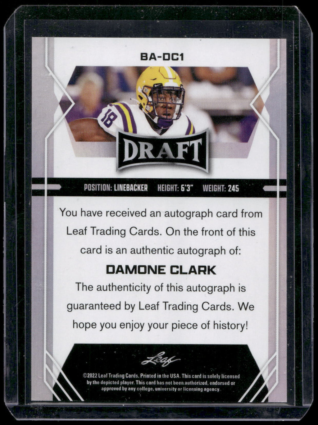 2022 Leaf Draft #BA-DC1 Damone Clark Autographs Red