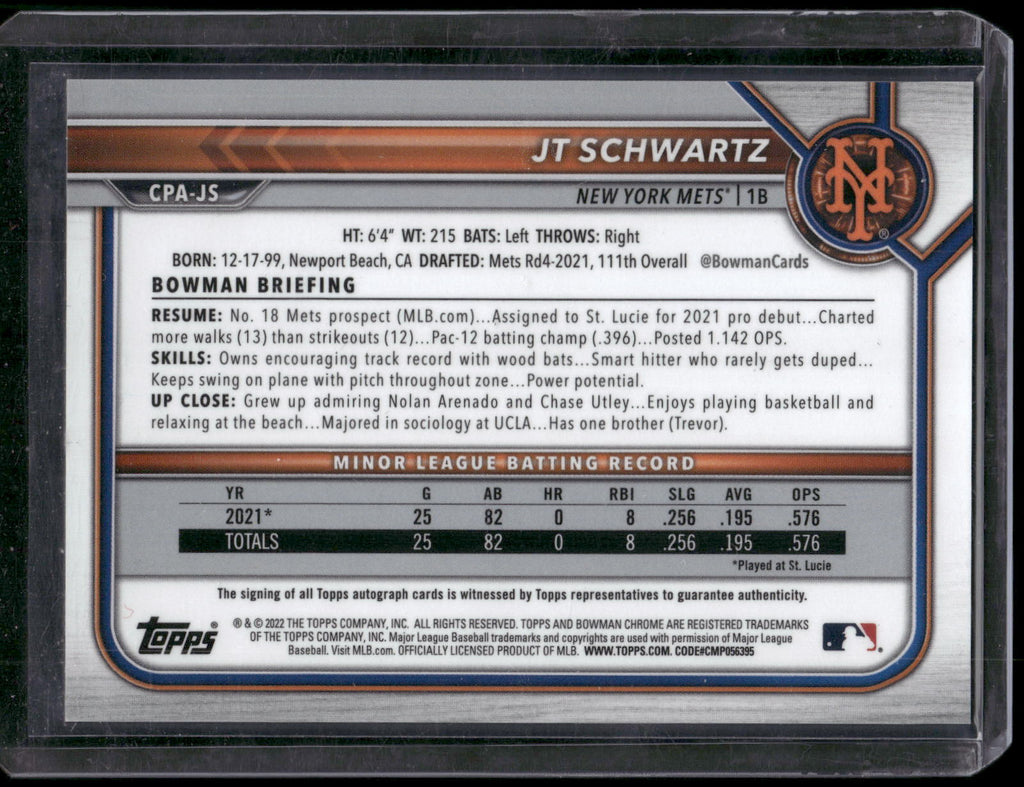 2022 Bowman Chrome #CPA-JS JT Schwartz Prospect Autographs