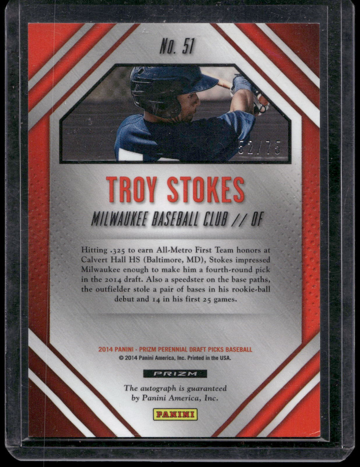 2014 Panini Prizm Troy Stokes Prospect Blue Mojo Auto /75 #51 Brewers