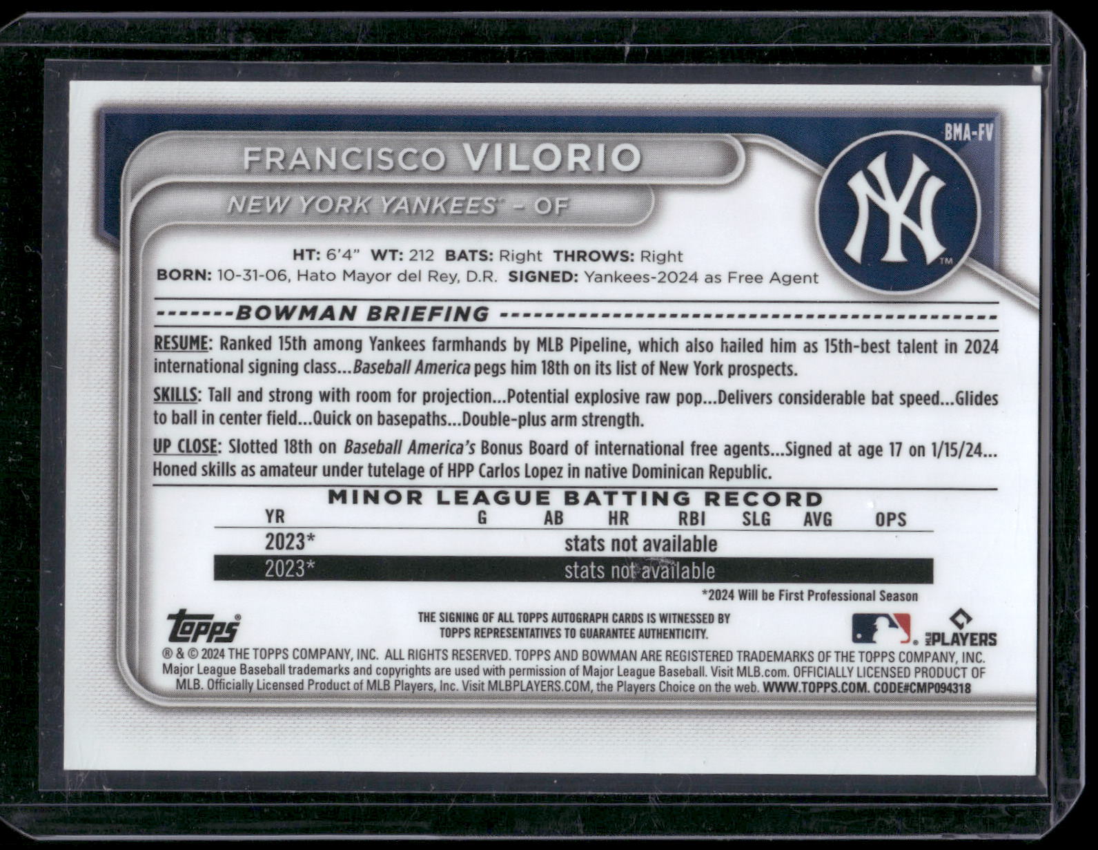 2024 Bowman Chrome Francisco Vilorio 1st Blue Mojo Refractor Auto /150 BMA-FV