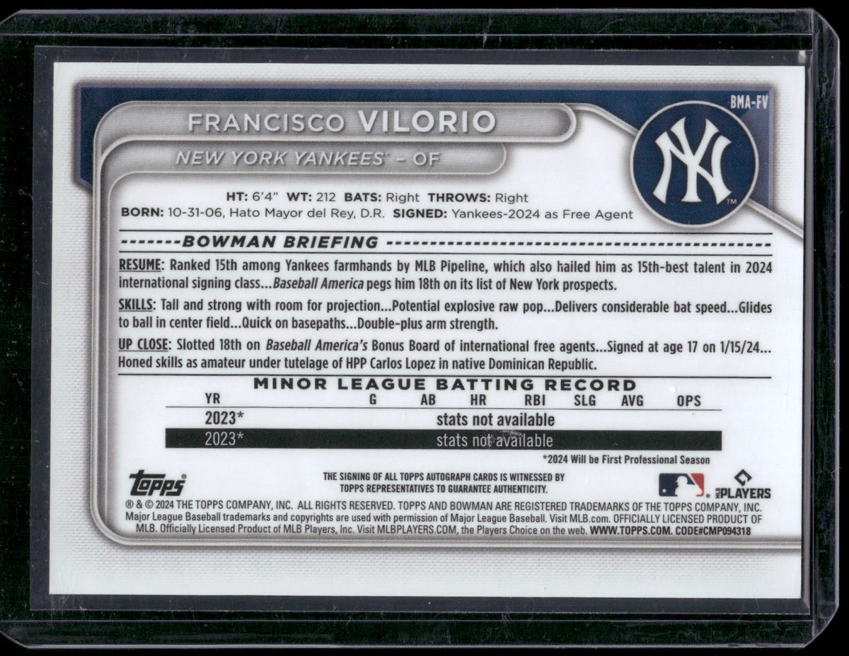 2024 Bowman Chrome Francisco Vilorio 1st Blue Mojo Refractor Auto /150 BMA-FV