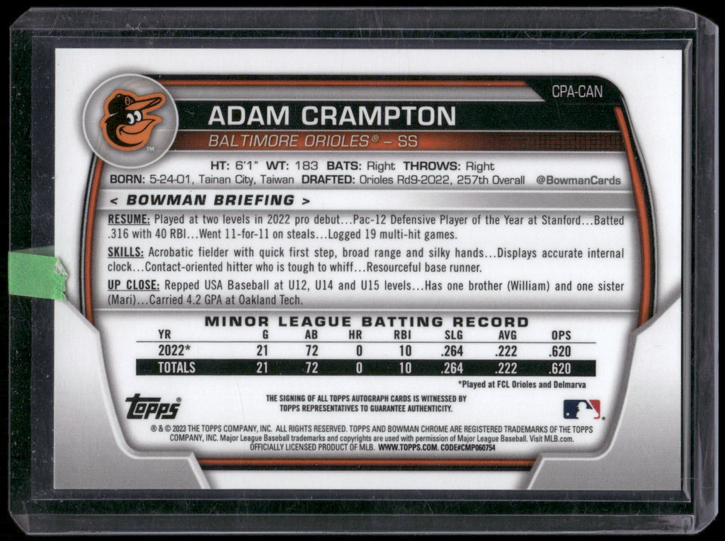 2023 Bowman #CPA-CAN Adam Crampton Chrome Prospect Autographs