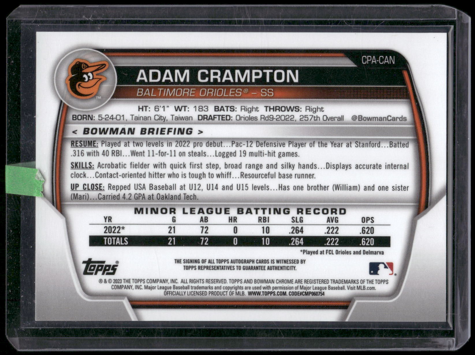 2023 Bowman #CPA-CAN Adam Crampton Chrome Prospect Autographs