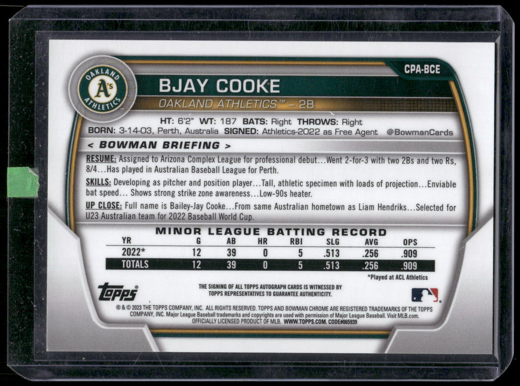 2023 Bowman Chrome #CPA-BCE Bjay Cooke Prospect Autographs Green Refractor #/99