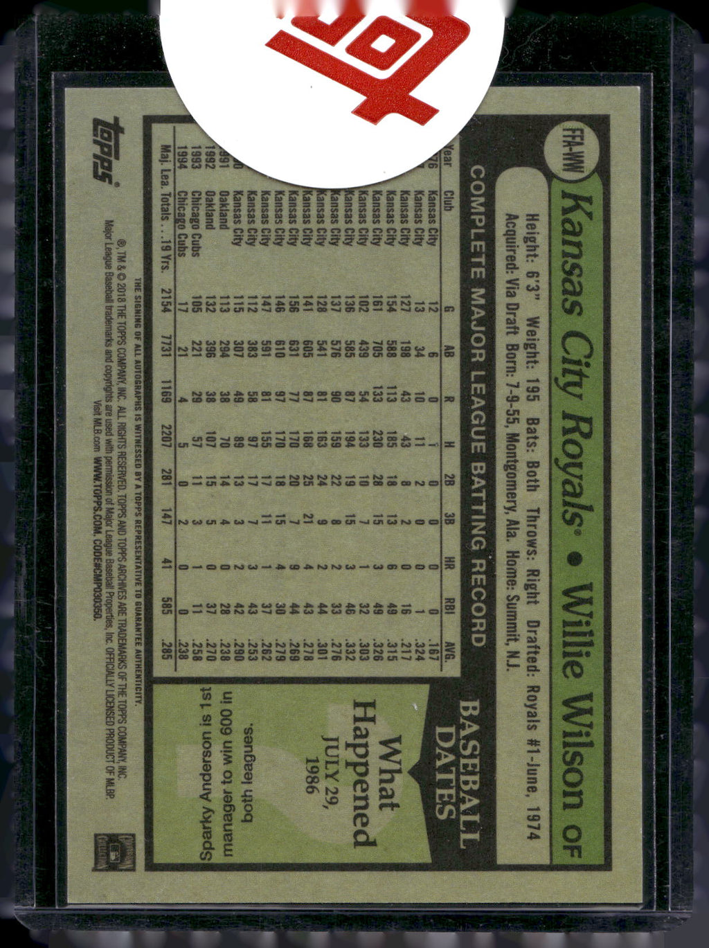 2018 Topps Archives #FFA-WW Willie Wilson Fan Favorites Autographs