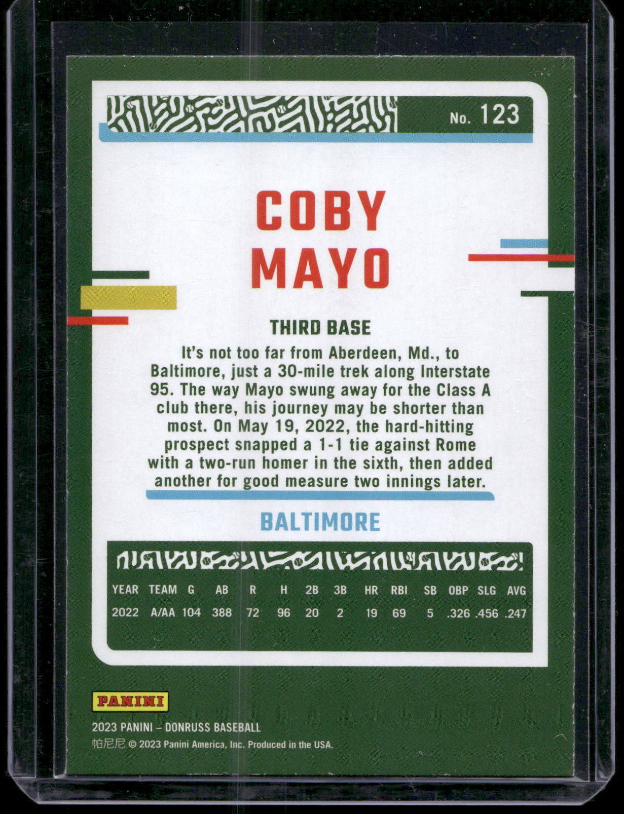 2023 Donruss #123 Coby Mayo Holo Blue