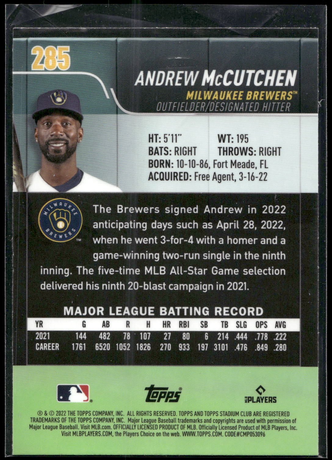2022 Stadium Club #285 Andrew McCutchen