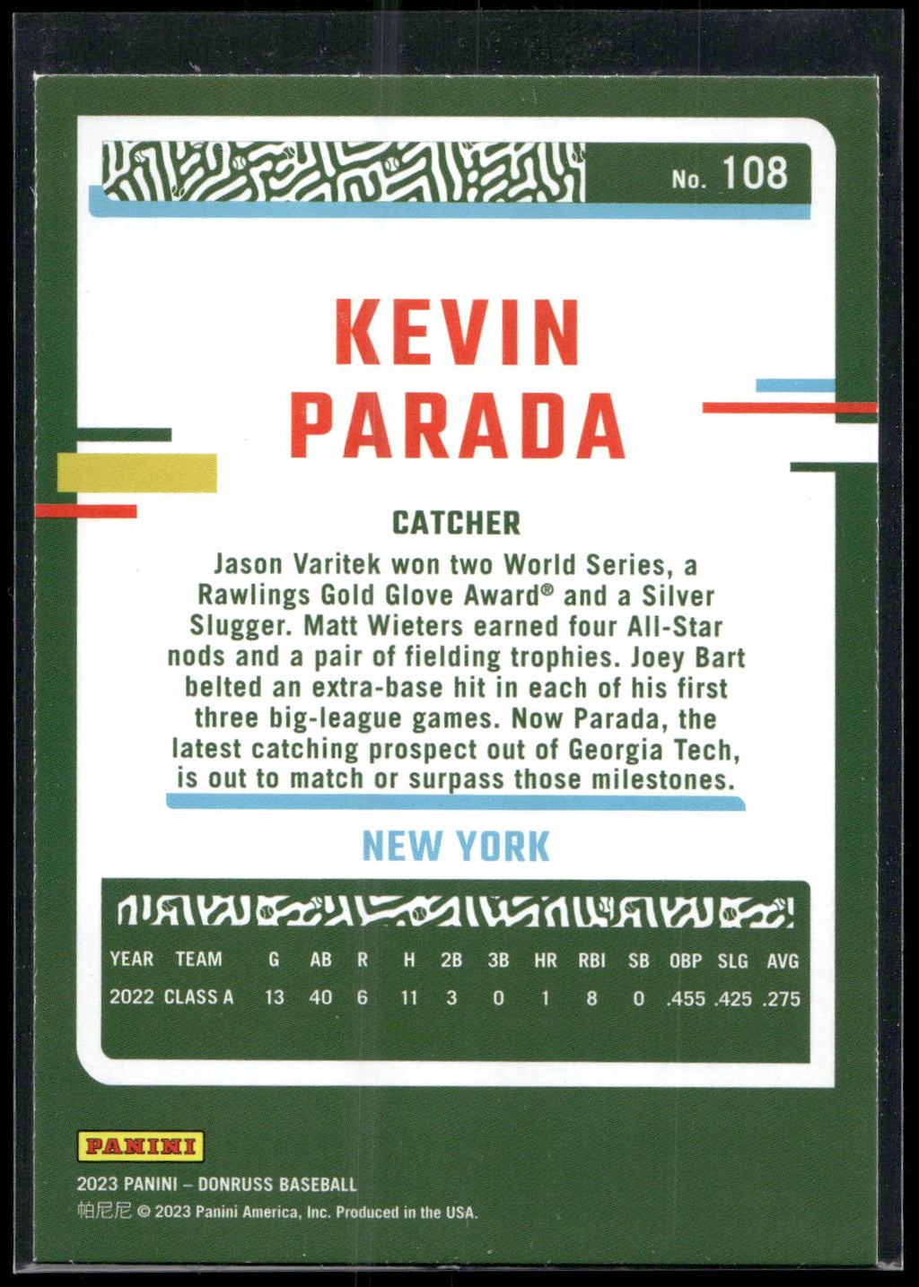 2023 Donruss #108 Kevin Parada Holo Blue