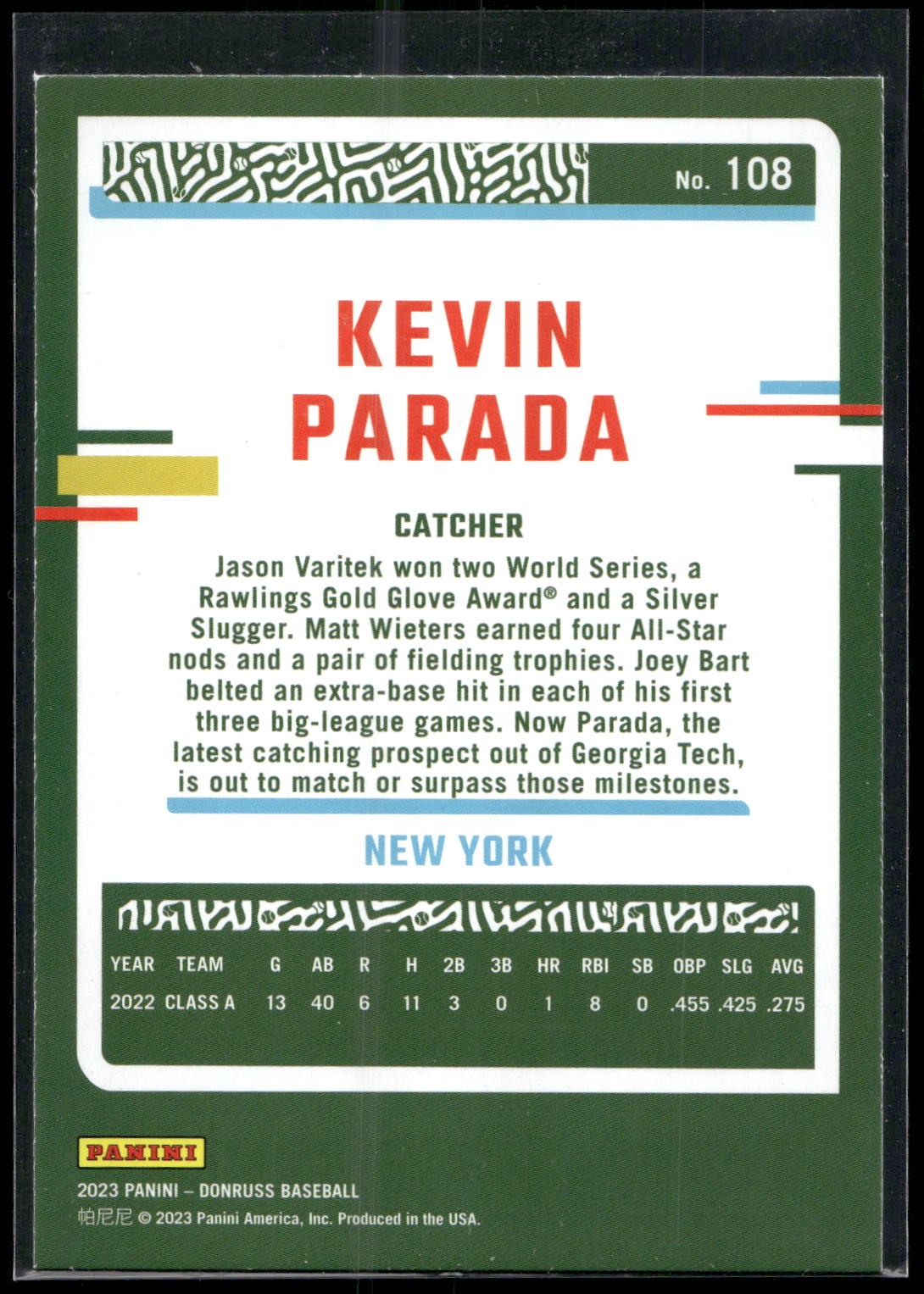 2023 Donruss #108 Kevin Parada Holo Blue