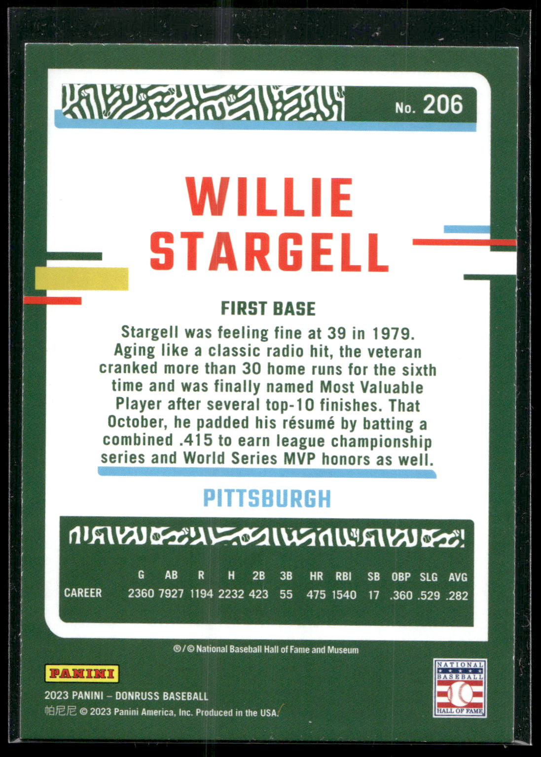 2023 Donruss #206 Willie Stargell Holo Blue