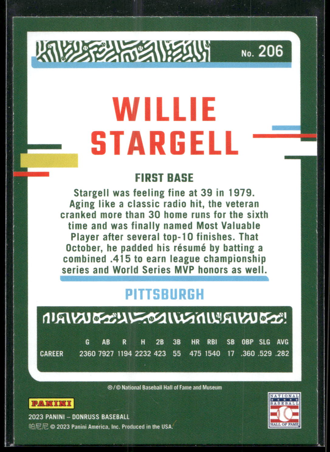 2023 Donruss #206 Willie Stargell Holo Blue