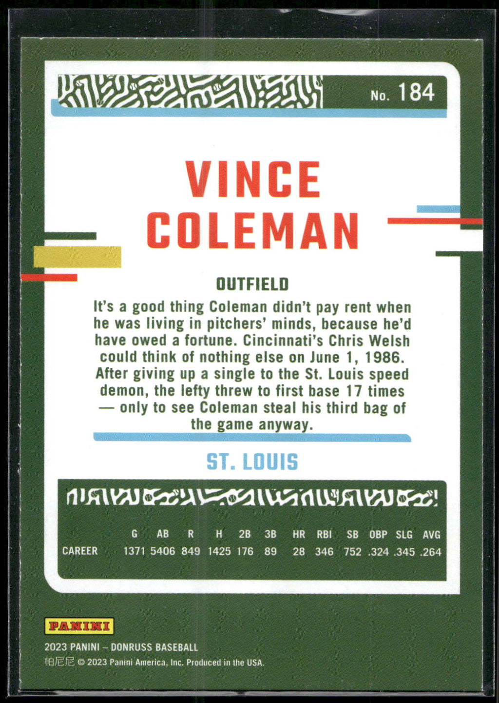 2023 Donruss #184 Vince Coleman Holo Blue