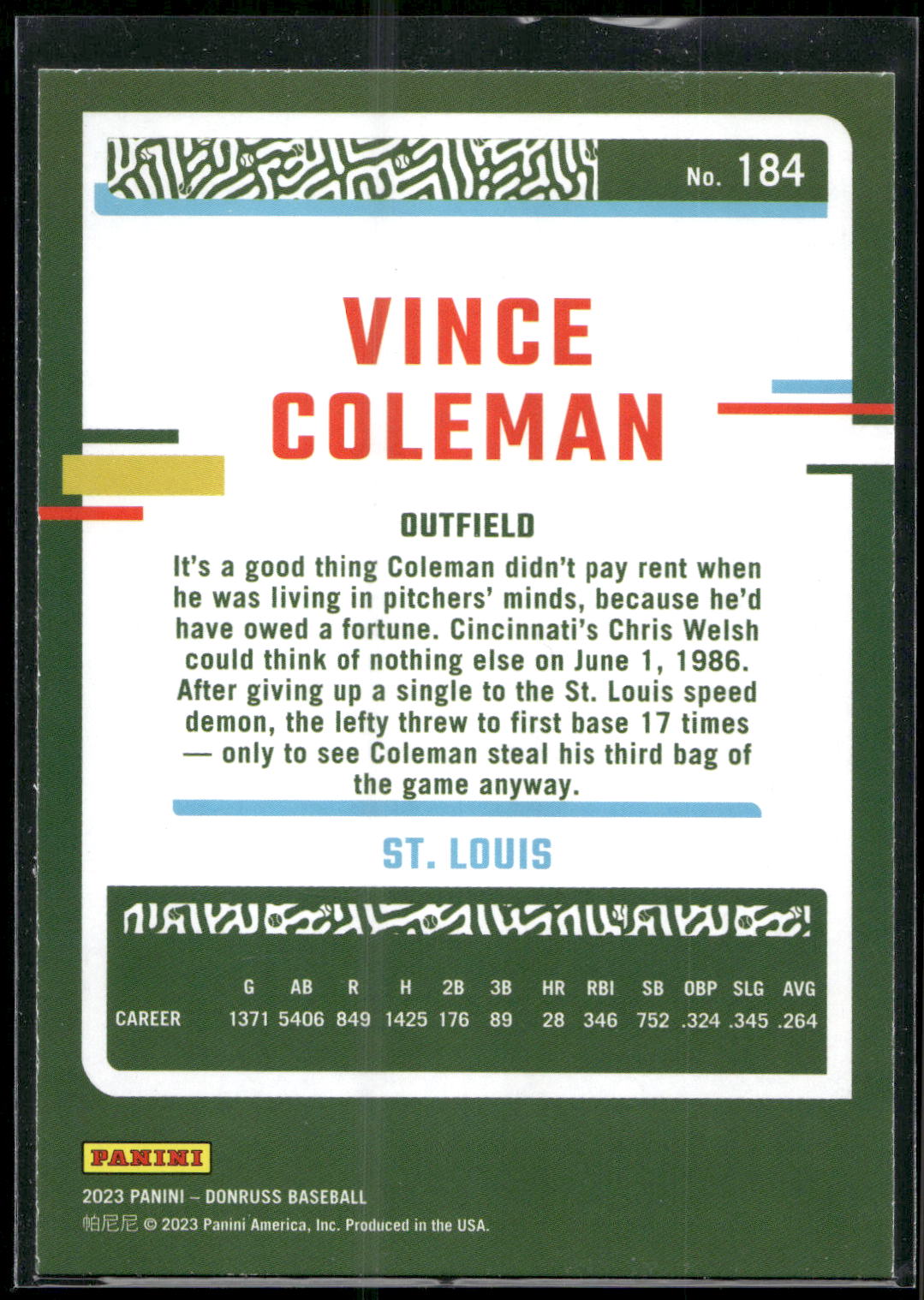 2023 Donruss #184 Vince Coleman Holo Blue