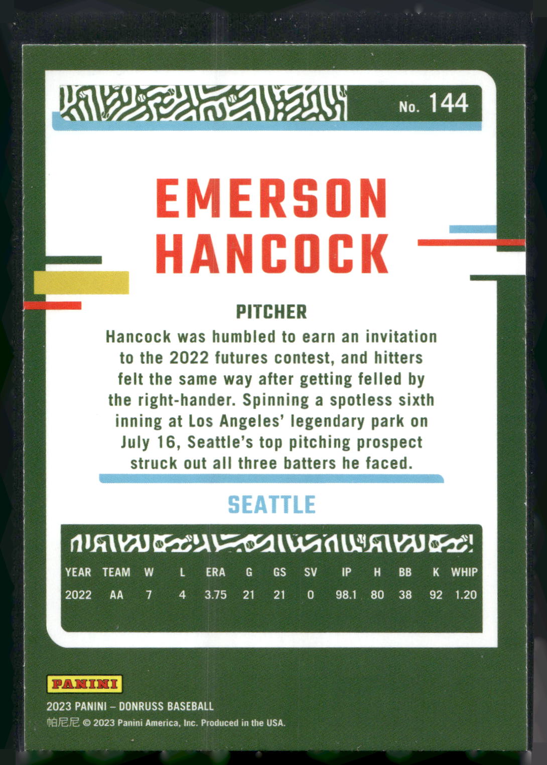 2023 Donruss #144 Emerson Hancock Holo Blue